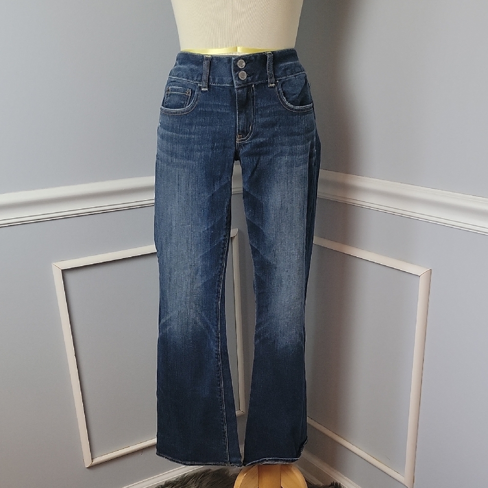 AMERICAN EAGLE Artist Dark Wash Distressed Y2K Low Rise Stretch Flare Leg Jean 6